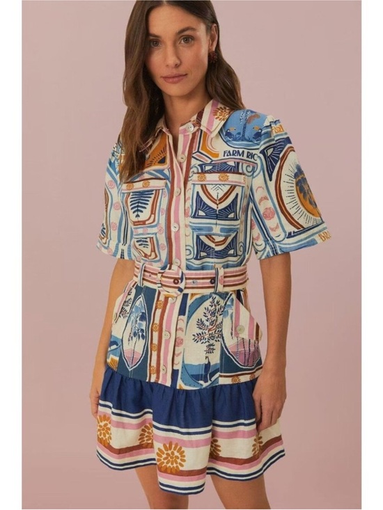 FARM Rio Dresses & Skirts - FARM Rio Multicolor Printed Belted Shirt Mini Dress - Blue, Pink, White, Gold